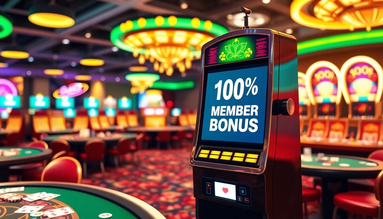 situs slot bonus new member promotion displayed on a modern slot machine amid a vibrant casino atmosphere